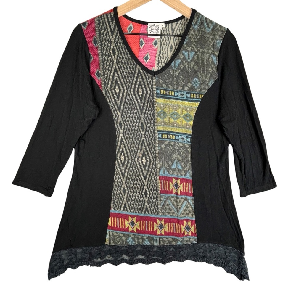Parsley & Sage Top Women Medium Black Aztec Print 3/4 Sleeve Lace